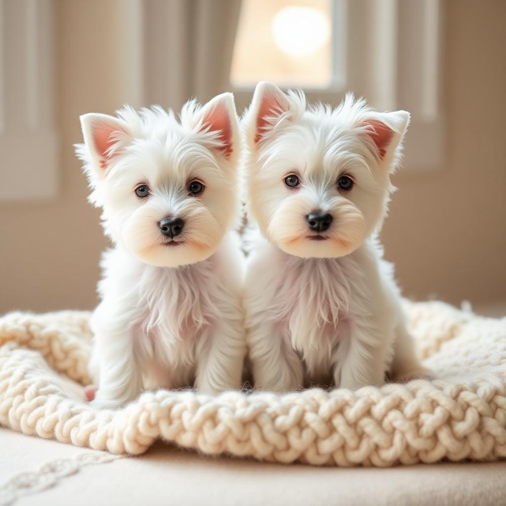 Two West Highland White Terrier puppies on a cream blanket